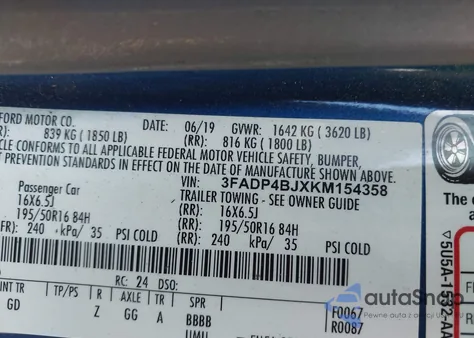 2019 Ford Fiesta Se z USA, uszkodzony, nr VIN 3FADP4BJXKM154358